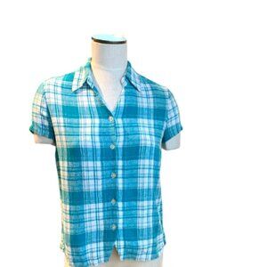Christopher & Banks Linen Blend‎ Plaid Short Sleeve Button Up Top Sz S #44F